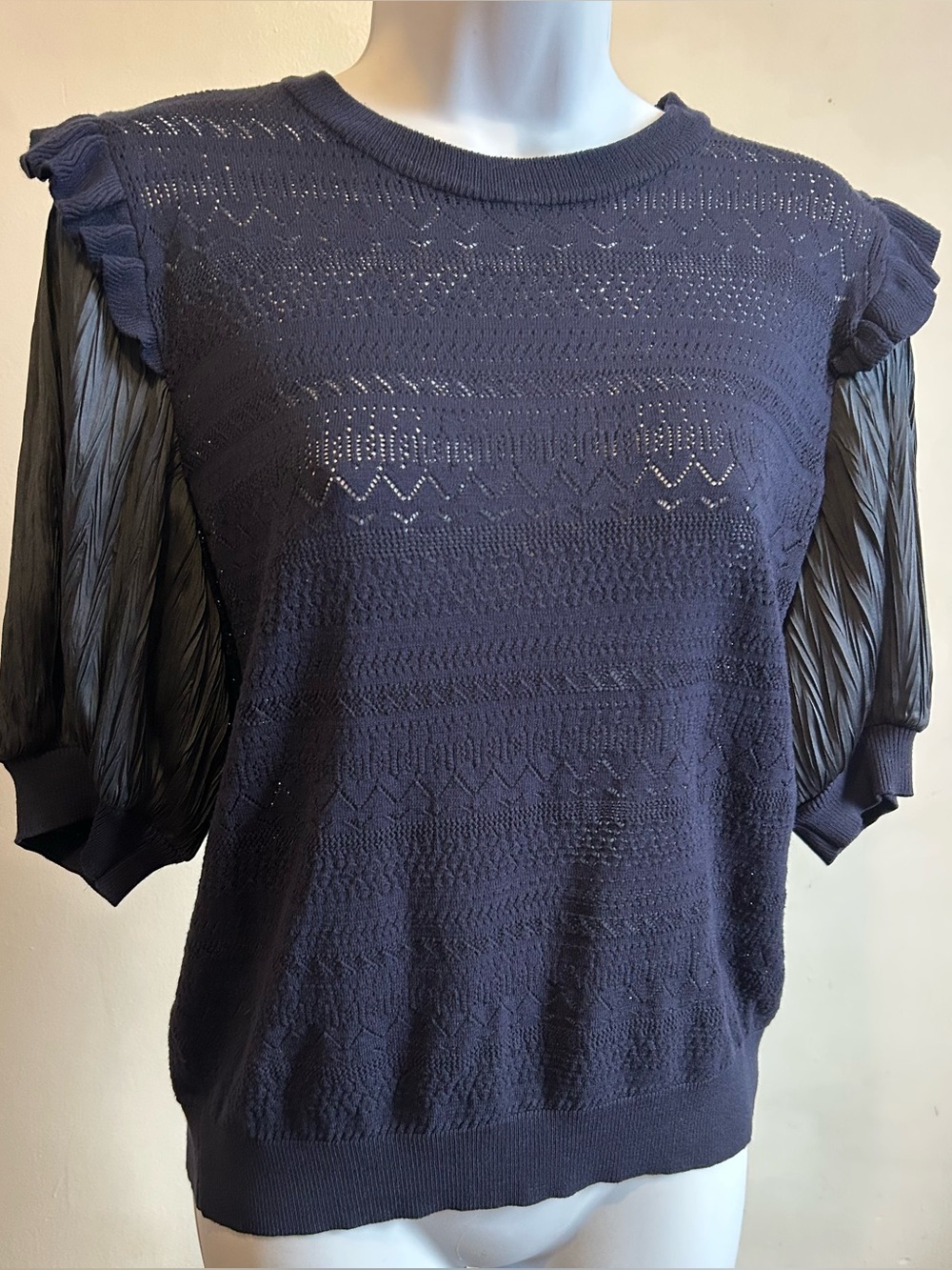 Avery Rayne Navy Blue Pointelle Knit Puff Sleeve Top Size M